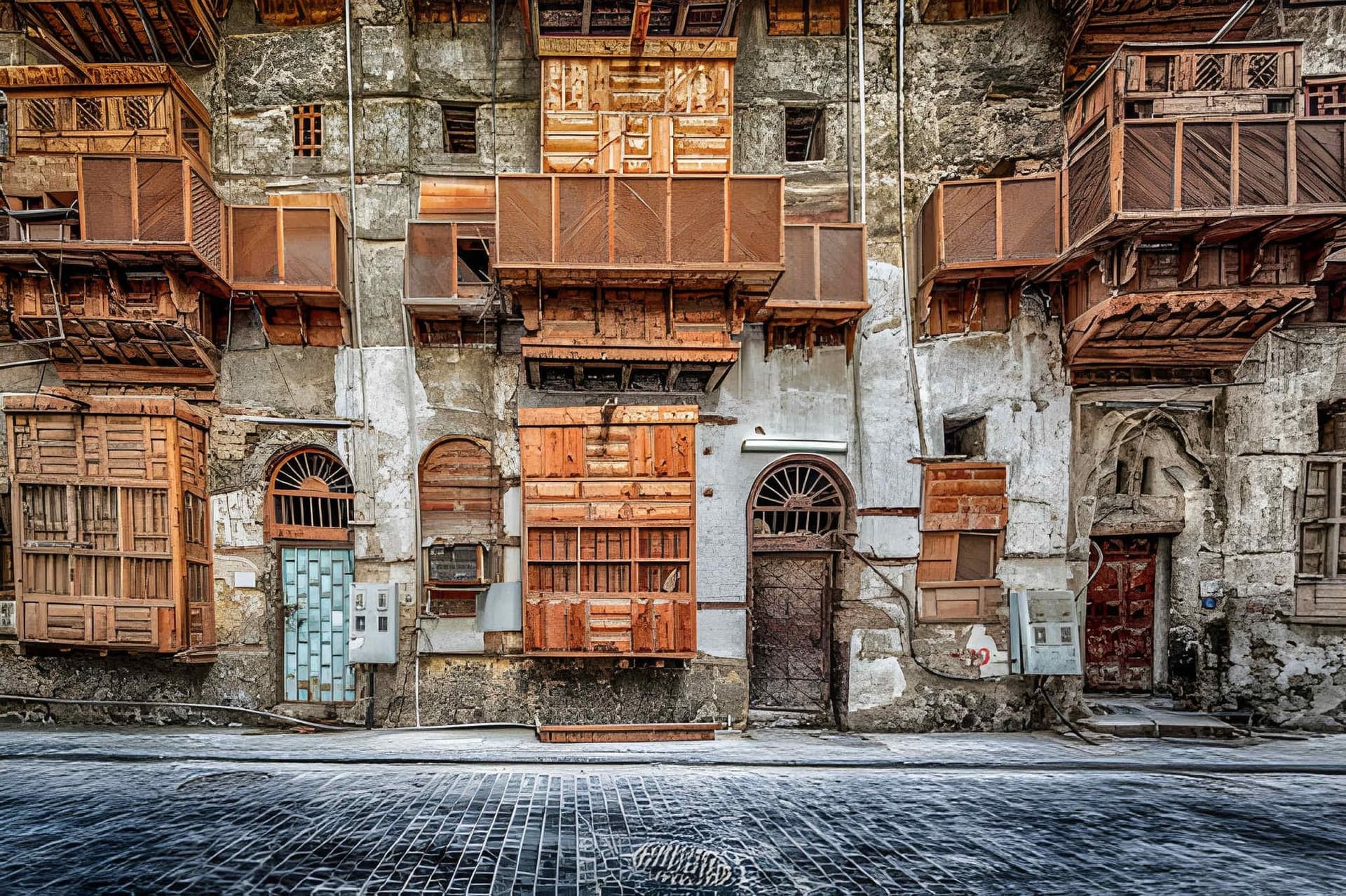 Coral-stone houses with carved wooden rawasheen balconies in Al-Balad, Jeddah
