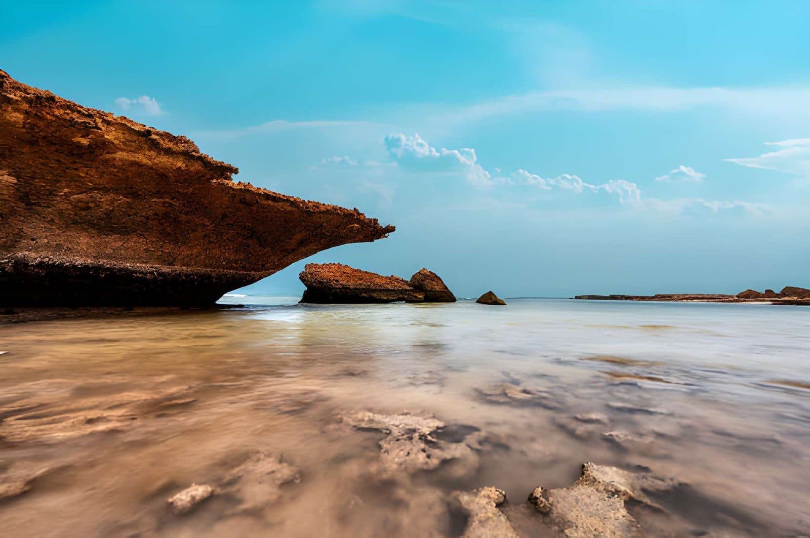 A rocky stretch of the Saudi Red Sea coast at low tide