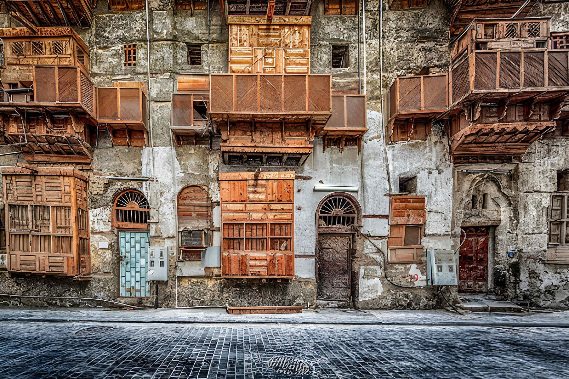 Coral-stone houses with carved wooden rawasheen balconies in Al-Balad, Jeddah