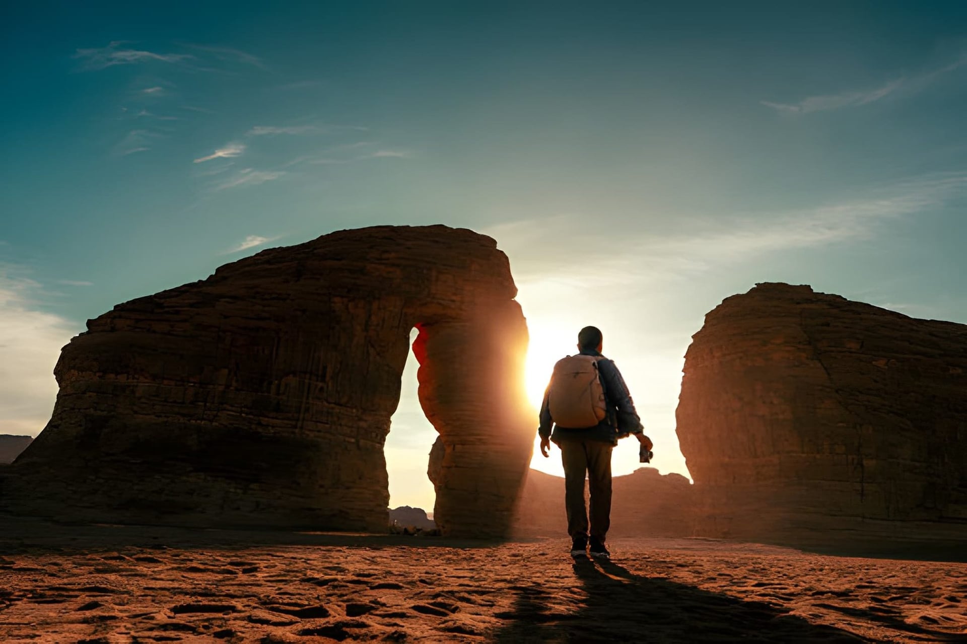 Elephant Rock in AlUla at sunset, with two people walking beneath it